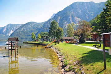 playground in the open air by the lake in the European city of Hallstatt, Austria