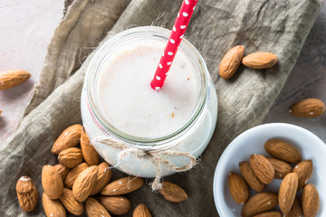 Almond milk in a glass jar.