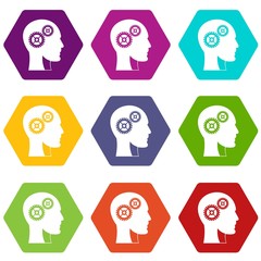Gears in human head icon set color hexahedron