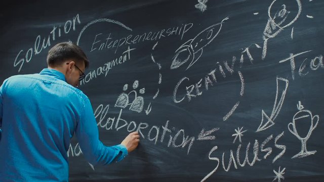 Time-Lapse of the Young Man Drawing on Blackboard Words for Business Start-up. 