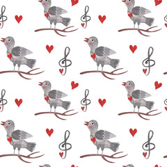 Seamless pattern with watercolor bird on branch with heart and music key