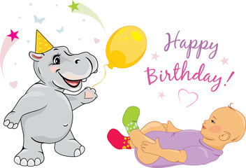 Funny hippo congratulates the baby on his birthday