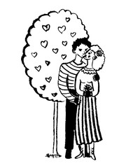 drawing picture two lovers hugging and kissing under a tree with hearts, sketch, hand-drawn comic graphic vector illustration