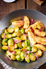 Brussels Sprouts with ham ,honey and roasted potatoes
