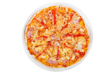 Pizza whole round, cut into pieces, on a white isolated background. Fast food in a pizzeria, a floury cheese product. View from above