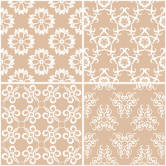 Floral patterns. Set of beige and white seamless backgrounds