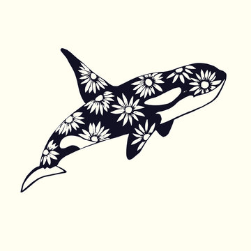 Killer whale with daisy flowers print on skin, hand drawn doodle sketch, isolated vector outline illustration