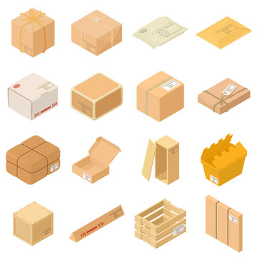 Parcel packaging box icons set, isometric style