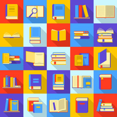 Books library education icons set, flat style