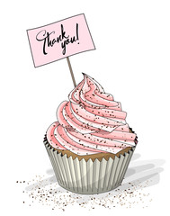 Cupcake with pink cream and topper pick with text Thank you on white background, illustration