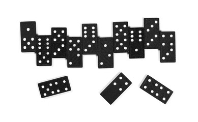 Black dominoes, pieces isolated on white background, top view