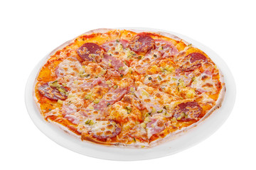 Pizza whole round, cut into pieces, on a white isolated background. Fast food in a pizzeria, a floury cheese product. Side view