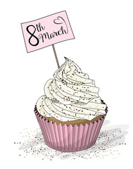 Cupcake withwhite cream and topper pick with text 8th March on white background, illustration
