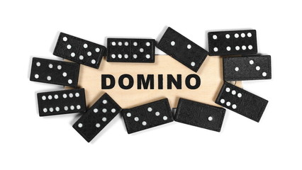Black dominoes with box, pieces isolated on white background, top view