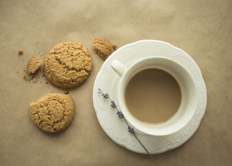 aromatic coffee with cookies and lavender on the table