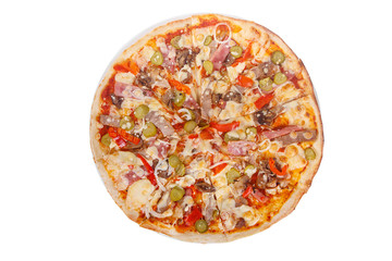 Pizza whole round, cut into pieces, on a white isolated background. Fast food in a pizzeria, a floury cheese product. View from above