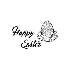 Happy Easter lettering, egg in nest. Vector illustration.