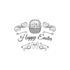 Happy Easter background. Eggs in a basket. Swirls, bow. Vector.