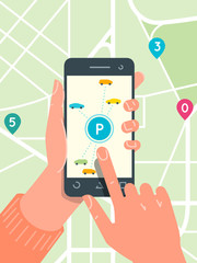 Smart city parking mobile app concept. Urban traffic technology illustration. Flat open line design layout - 194245547