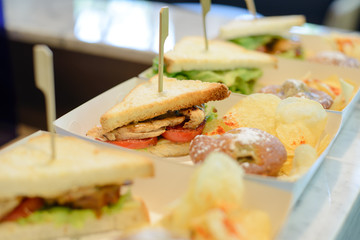 chicken sandwich with potato chips on box set