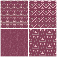 Set of violet seamless backgrounds with geometric patterns