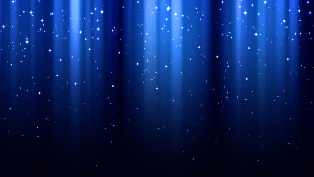 Abstract dark blue background with rays of light, aurora borealis, sparkles, night shining starry sky