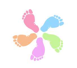 Footprints in different colors in the form of a flower (circle). The concept of life and development of children in society. Vector illustration of a trace from the foot icon.