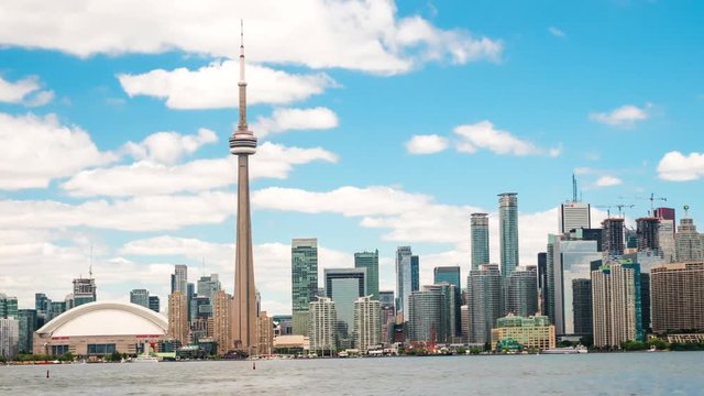 Toronto, Ontario, Canada, time lapse view of famous Toronto skyline, zoom out. 