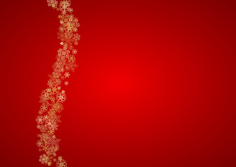 Christmas snowflakes on red background. Horizontal glitter frame for winter banner, gift coupon, voucher, ads, party event. Santa Claus color with golden Christmas snowflakes. Falling snow for holiday