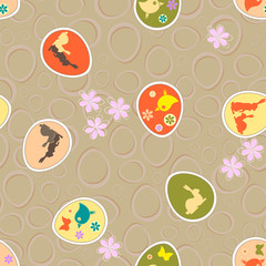 beige seamless background with silhouette of eggs with rabbits, birds and purple flowers