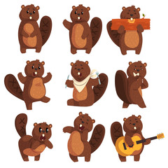 Cute funny character beaver in different actions set of cartoon vector Illustrations on a white background