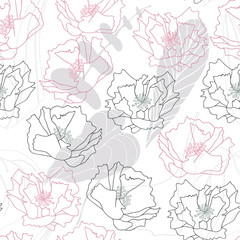 Big poppies flowers and tropical leaves. Floral vector seamless pattern with hand drawn botanical elements.
