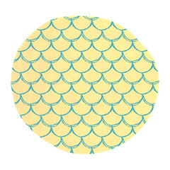 Fish scale on watercolor background. Bright colors. Mermaid tail banner and invitation. Hand drawn round backdrop with fish scale ornament. Girl underwater and sea pattern. Yellow vector.