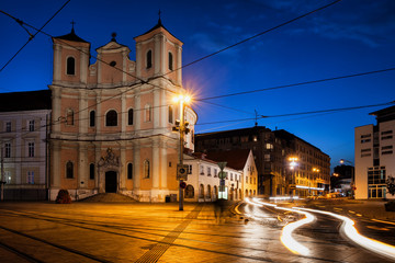 Fototapeta na wymiar Trinity Church in Bratislava city by Night in Slovakia