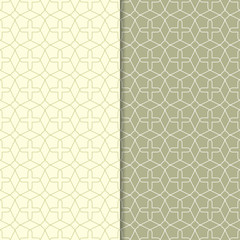 Olive green geometric ornaments. Set of seamless patterns