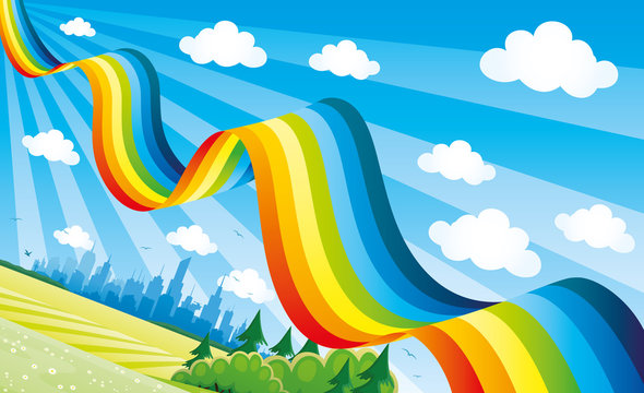 Bright rainbow in the blue sky over the city.