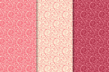 Set of red floral ornaments. Cherry pink vertical seamless patterns