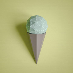 Food concept. Ice cream from cardboard on papper background. Cartoon food product packagingand delivery. 3D model render