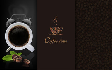 Cup of black coffee and coffee bean on brown background, flowing coffee brochure and copy space for text. vector illustration.