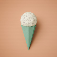Food concept. Ice cream from cardboard on papper background. Cartoon food product packagingand delivery. 3D model render