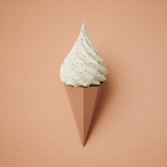 Food concept. Ice cream from cardboard on papper background. Cartoon food product packagingand delivery. 3D model render