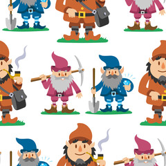 Fairy tale fantastic gnome seamless pattern background dwarf elf character poses magical leprechaun cute fairy tale man vector illustration
