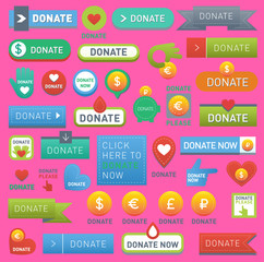 Vector donate buttons help human hand money set in web style. Donation gift buttons charity, isolated web donate design sign contribute. Money giving symbol donate web heart elements set