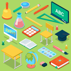 Fototapeta na wymiar School supplies vector education schooling accessory for schoolchilds educational stationery for studying in classroom isometric illustration set of isolated on background