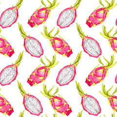 Whole dragon fruit and cut slice, seamless pattern design, hand painted watercolor illustration, white background