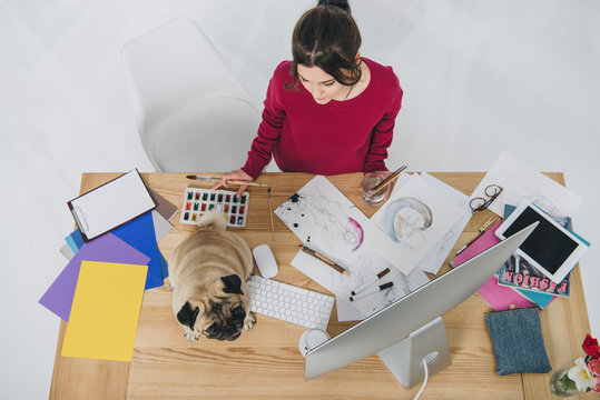 Young woman working with sketches with cute pug on working table with computer