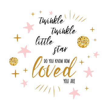 Twinkle twinkle little star text with gold ornament and pink star for girl baby shower card template