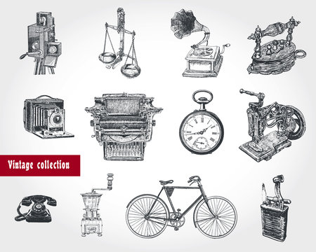 Retro style set. Movie camera, typewriter, gramophone,  scales, hours, grinder, telephone set, bicycle, old iron, sewing machine, lighter. Ancient objects. Vintage Illustration in engraving style