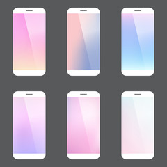Minimal style modern mobile cellphone set with bright and shiny screen background. Collection of white premium mobile phones with eye catching sreen in light colors.