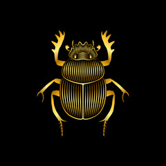 Graphic print of stylized gold scarab on black background. Linear drawing. - obrazy, fototapety, plakaty